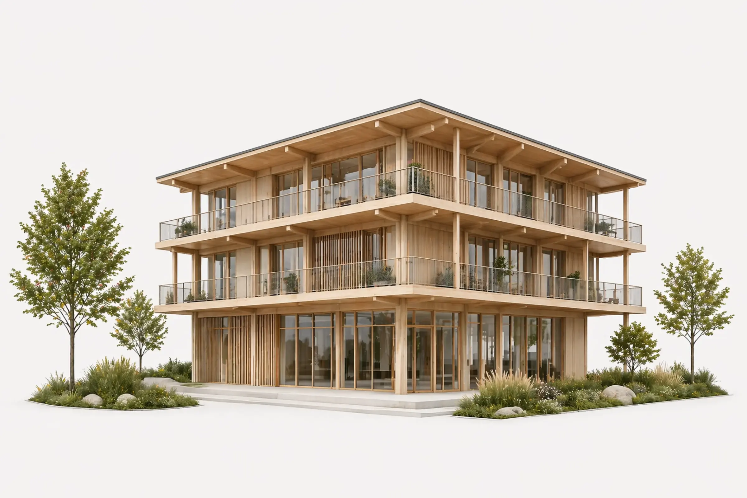 3D-Visualisierung eines modernen Holzbau-Mehrfamilienhauses mit isofloc Dämmpunkten