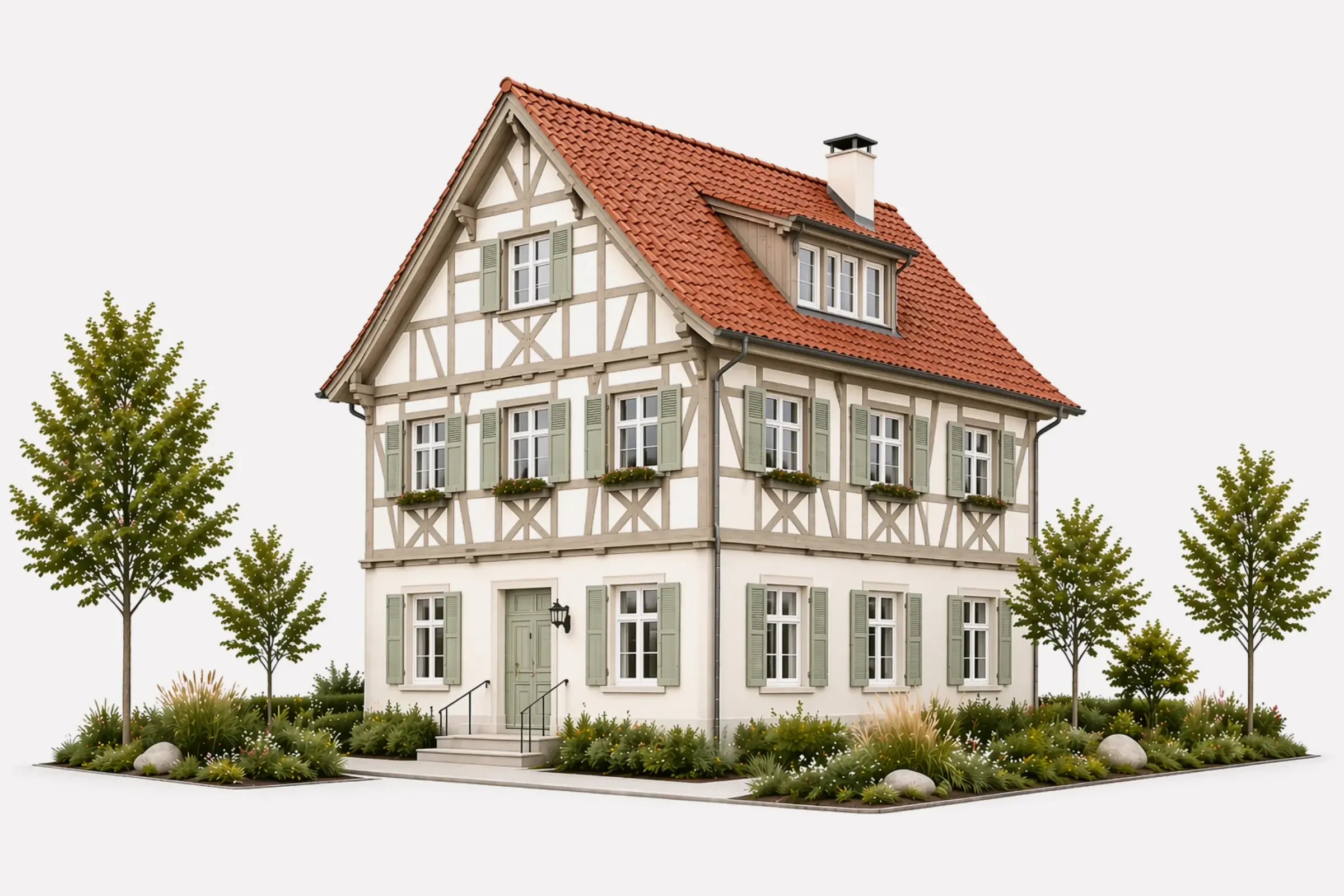 3D-Visualisierung eines sanierten Fachwerkhauses mit isofloc Dämmpunkten