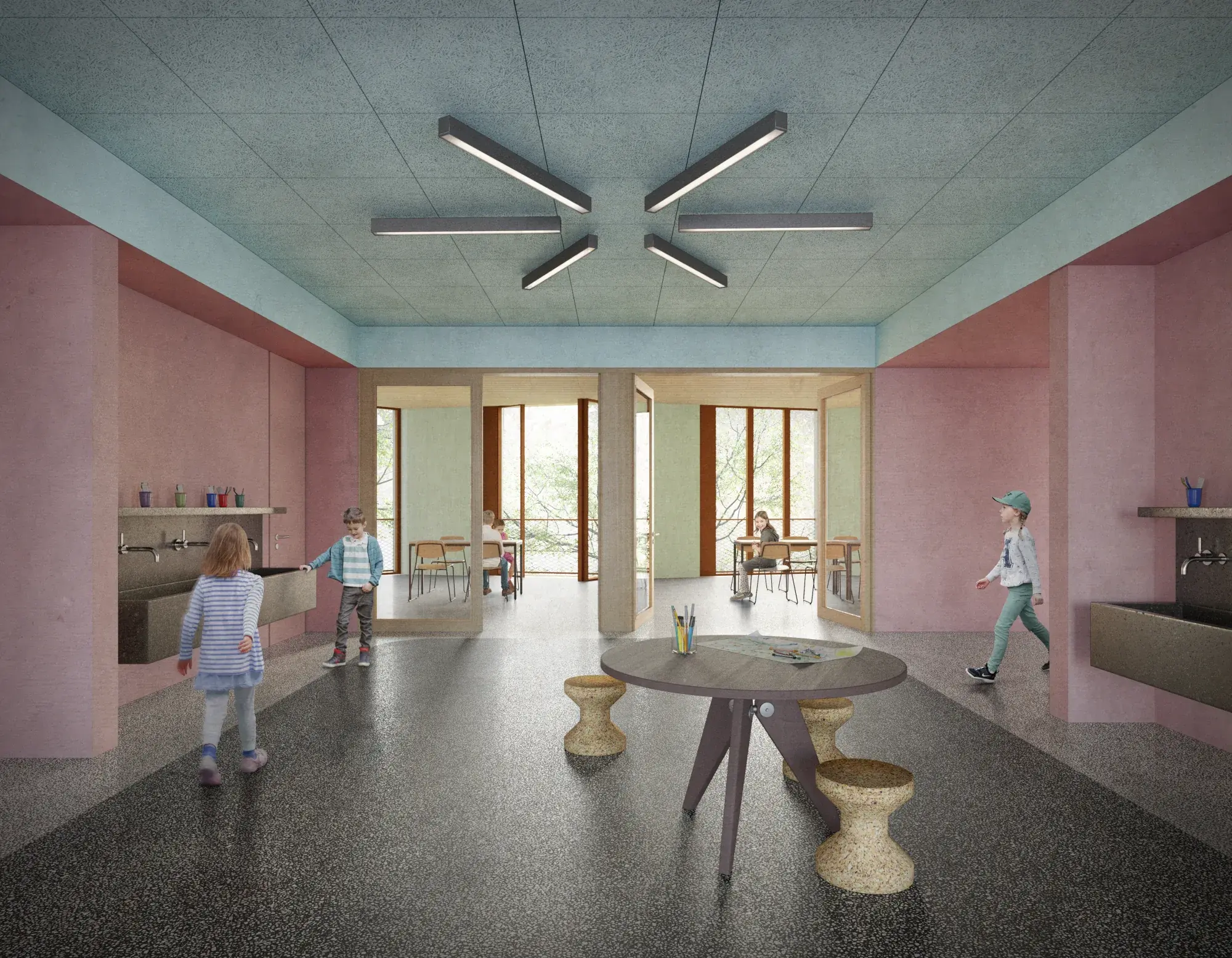 Visualizzazione di un'aula della custodia diurna nell'ampliamento Boppartshof, con vista sugli spazi adiacenti