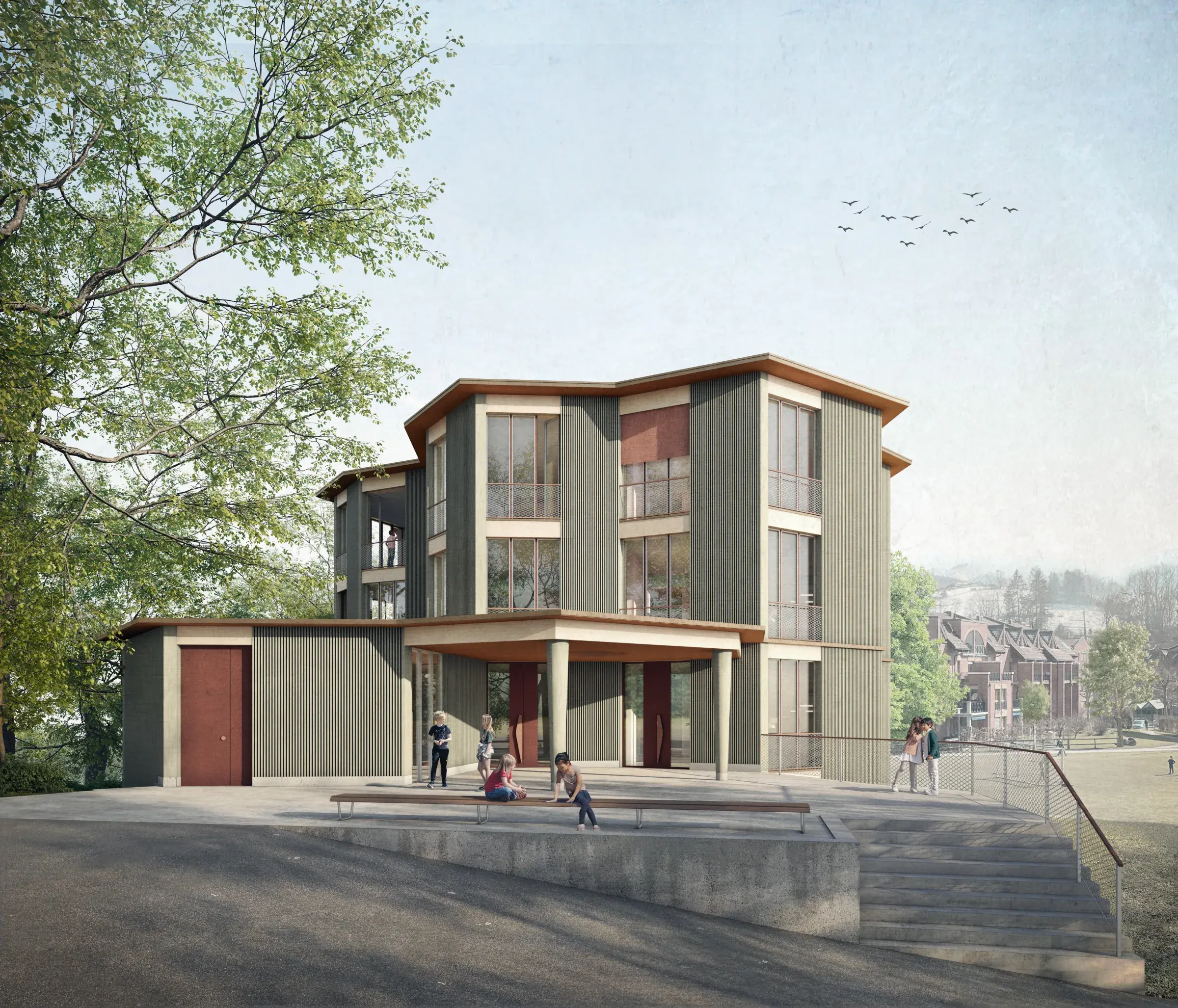 Visualizzazione dell'ampliamento del comprensorio scolastico Boppartshof a San Gallo — costruzione in legno con facciata verticale