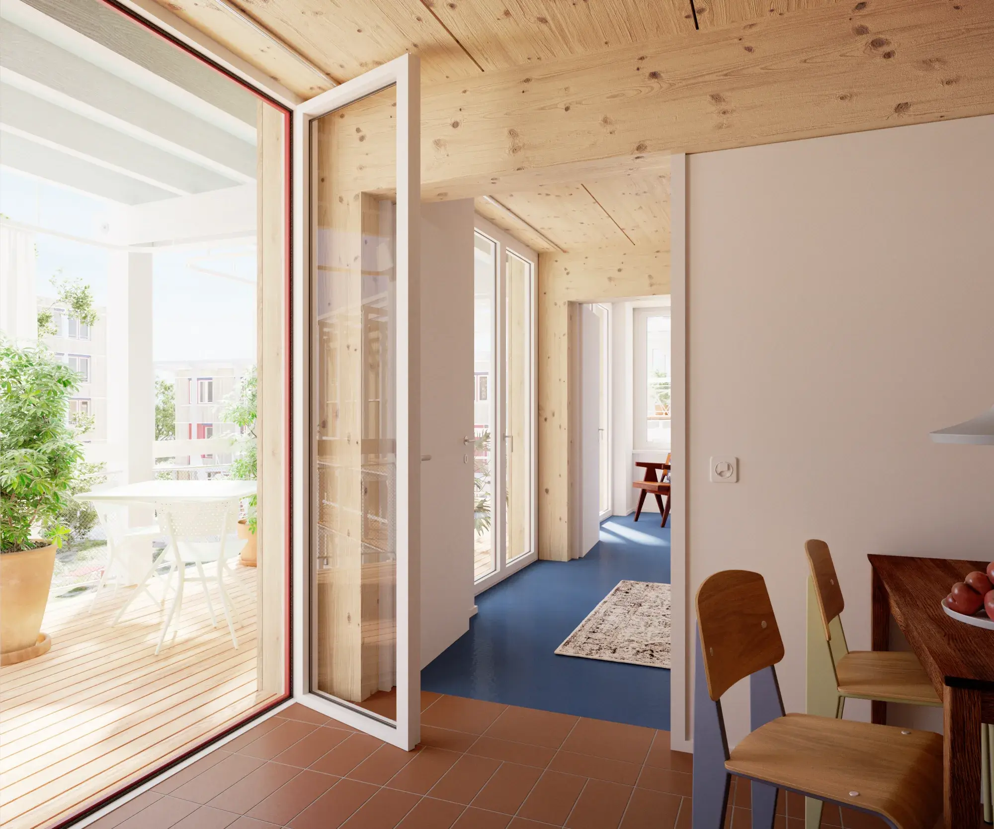Genossenschaftssiedlung Pünt – Wohnraum mit sichtbarer Holzdecke und Zugang zur Loggia