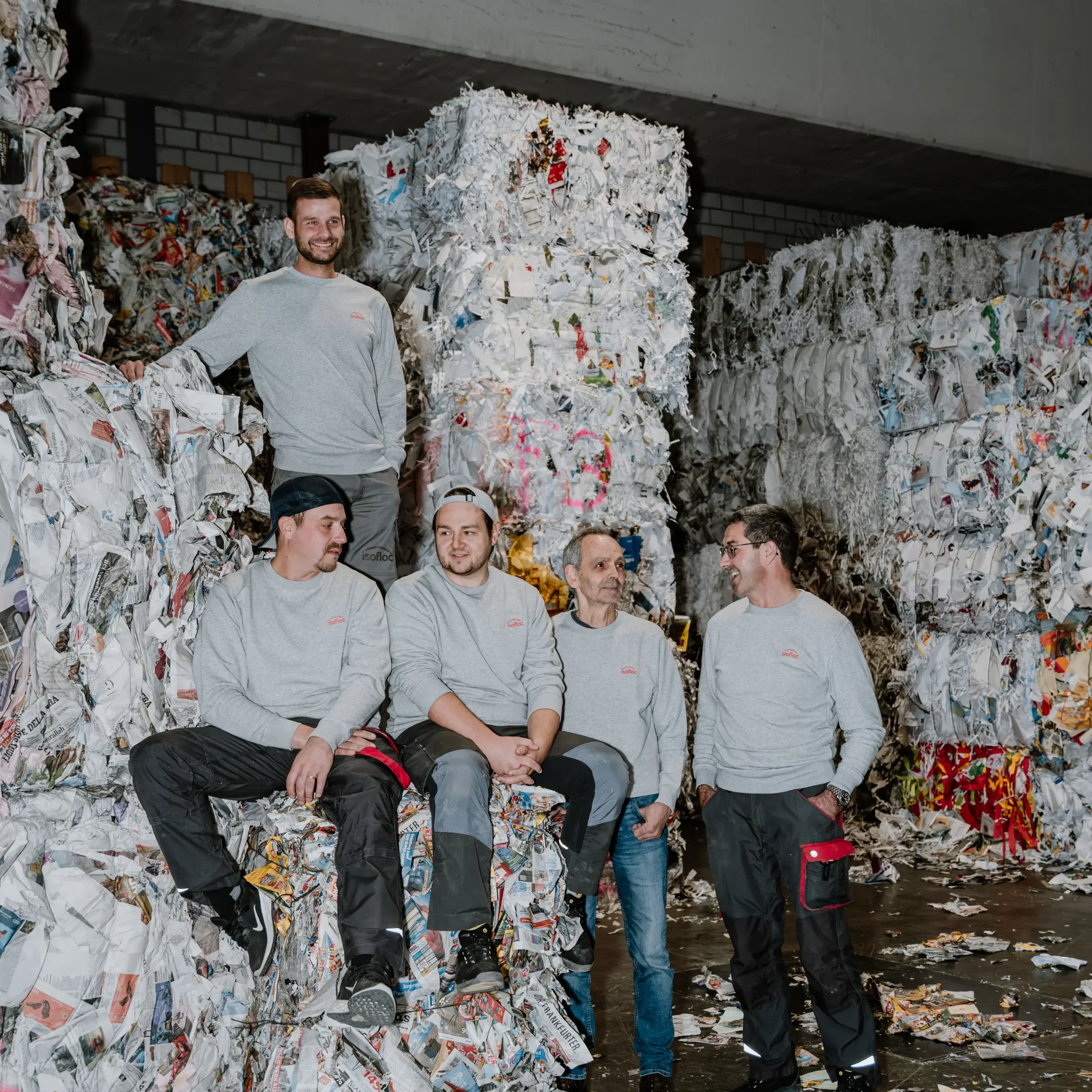 Das isofloc-Team auf Zelluloseballen im Werk Bütschwil